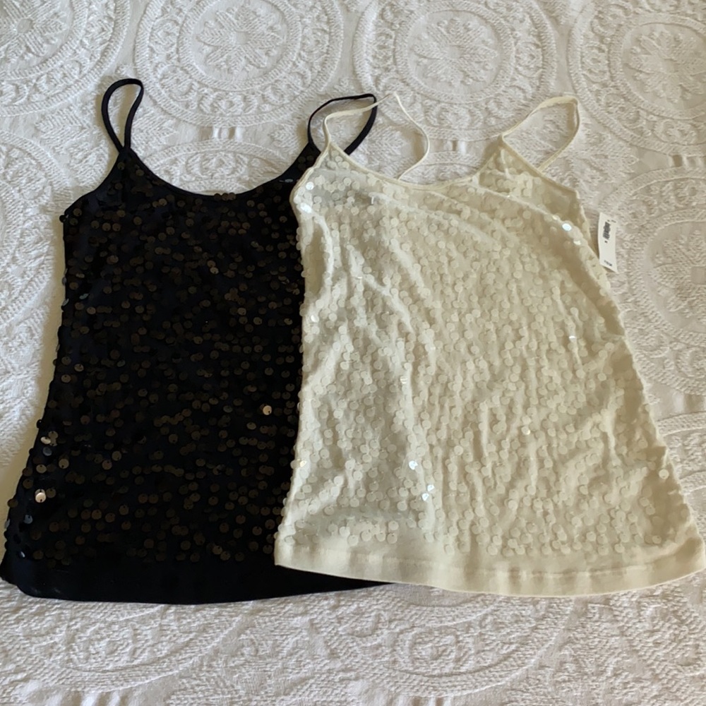 Two dressy sequined stretch camisoles.